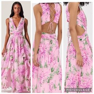 ASTR the Label Noya Dress: Pink and White Ruffled Tiered Halter Maxi Dress XL